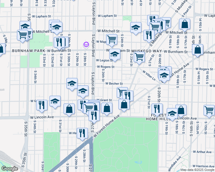 map of restaurants, bars, coffee shops, grocery stores, and more near 2537 West Becher Street in Milwaukee