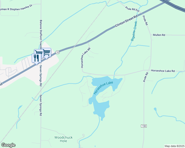 map of restaurants, bars, coffee shops, grocery stores, and more near 5404 Horseshoe Lake Road in Batavia