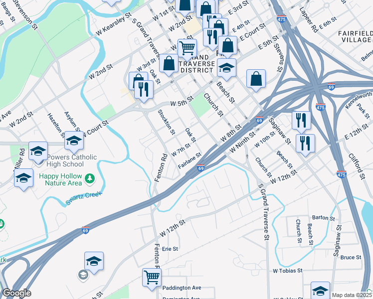 map of restaurants, bars, coffee shops, grocery stores, and more near 521 West 7th Street in Flint