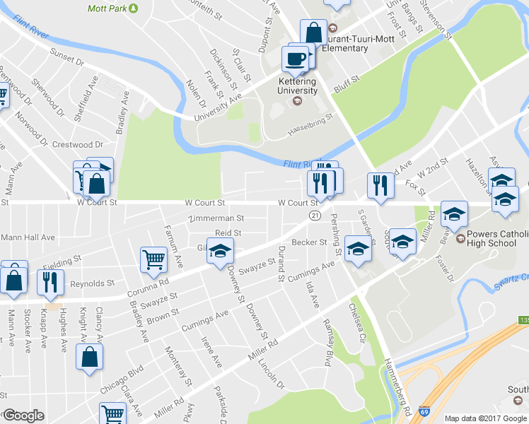 map of restaurants, bars, coffee shops, grocery stores, and more near 914 Vosburg Street in Flint