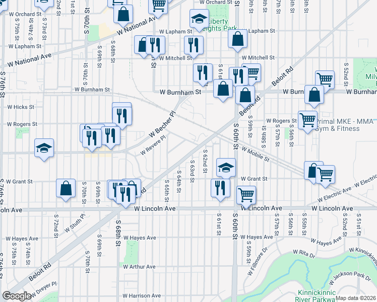 map of restaurants, bars, coffee shops, grocery stores, and more near 6300 Beloit Road in West Allis