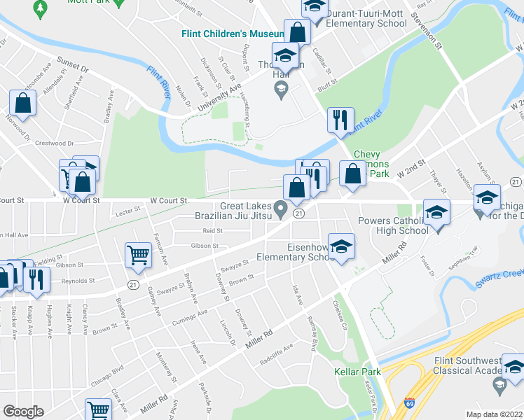 map of restaurants, bars, coffee shops, grocery stores, and more near 910 Durand Street in Flint
