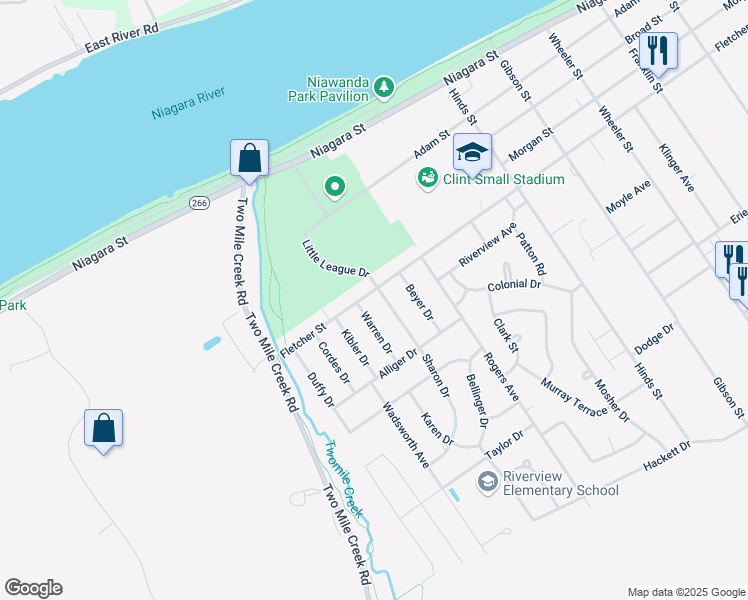map of restaurants, bars, coffee shops, grocery stores, and more near 717 Fletcher Street in Tonawanda
