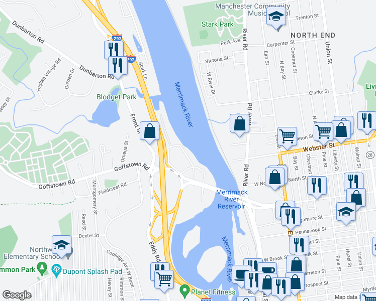 map of restaurants, bars, coffee shops, grocery stores, and more near 2 Riverfront Drive in Manchester