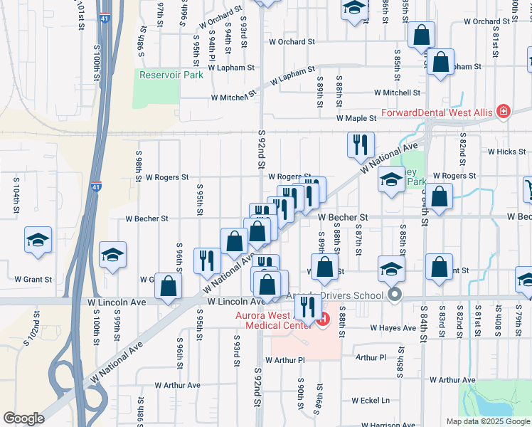 map of restaurants, bars, coffee shops, grocery stores, and more near 9128 West Becher Street in West Allis