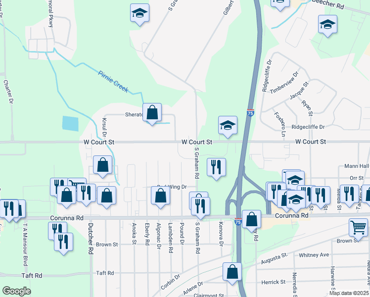 map of restaurants, bars, coffee shops, grocery stores, and more near 4007 West Court Street in Flint