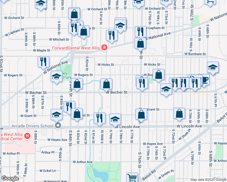 map of restaurants, bars, coffee shops, grocery stores, and more near 7828 West Becher Street in West Allis