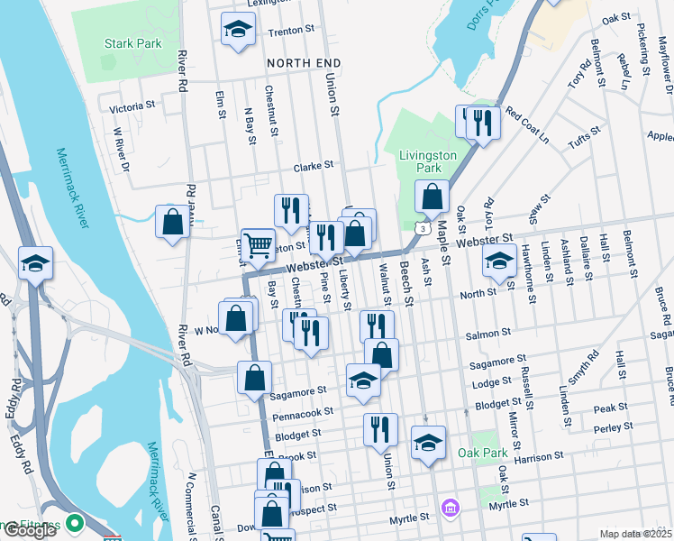 map of restaurants, bars, coffee shops, grocery stores, and more near 75 Webster Street in Manchester