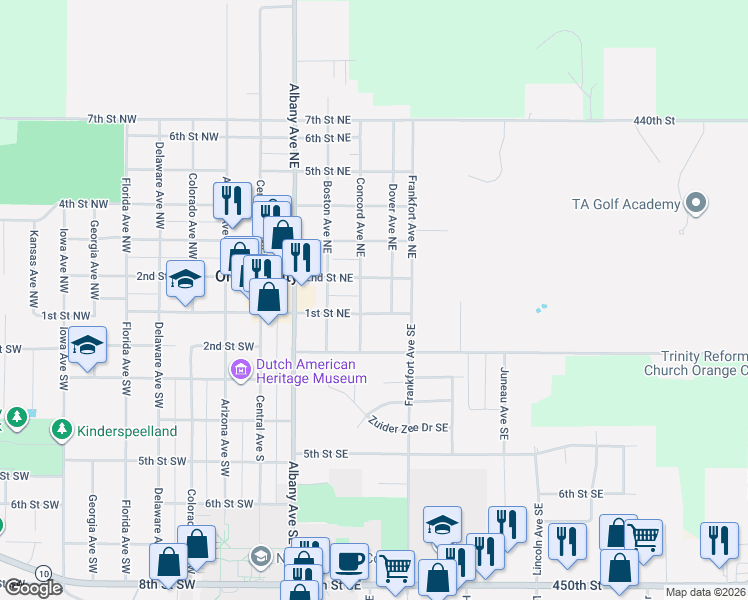 map of restaurants, bars, coffee shops, grocery stores, and more near 124 Concord Avenue Northeast in Orange City