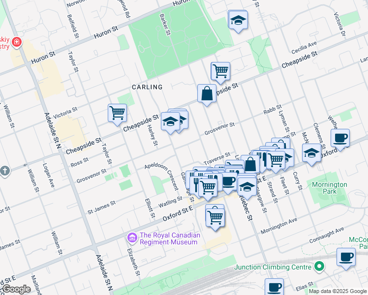map of restaurants, bars, coffee shops, grocery stores, and more near 65 Bedford Road in London
