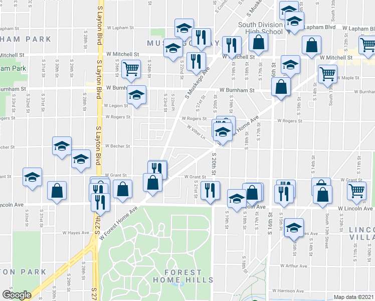 map of restaurants, bars, coffee shops, grocery stores, and more near 2125 West Becher Street in Milwaukee
