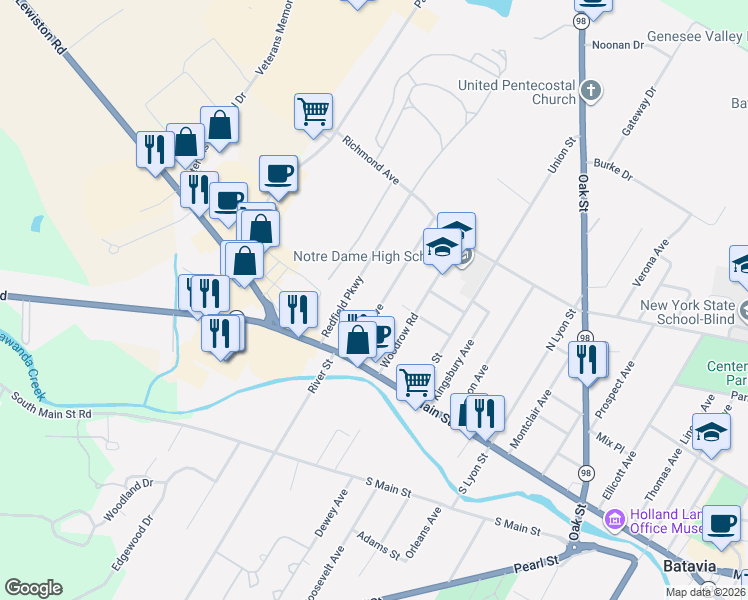 map of restaurants, bars, coffee shops, grocery stores, and more near 21 Bogue Avenue in Batavia