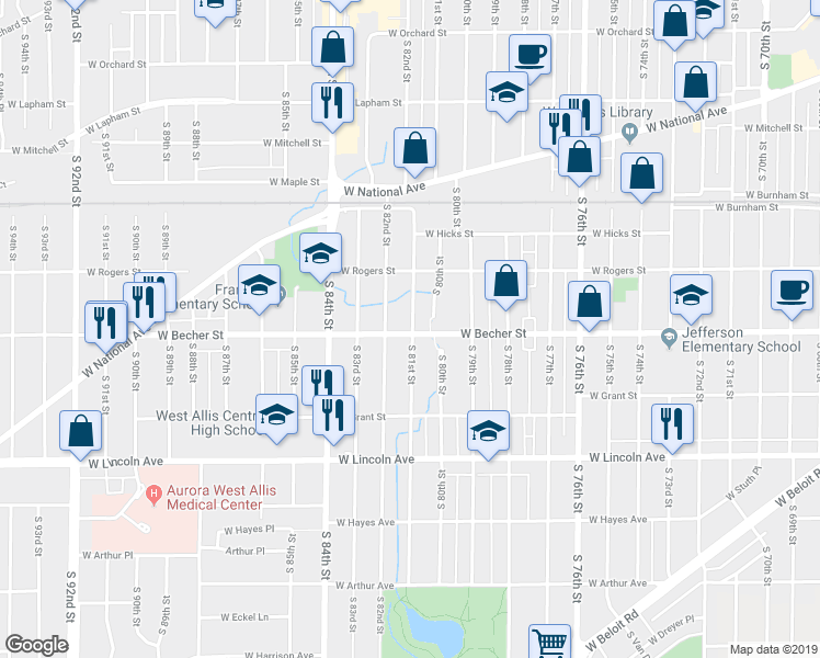 map of restaurants, bars, coffee shops, grocery stores, and more near 2077 South 81st Street in West Allis