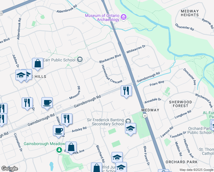 map of restaurants, bars, coffee shops, grocery stores, and more near 332 Homestead Court in London