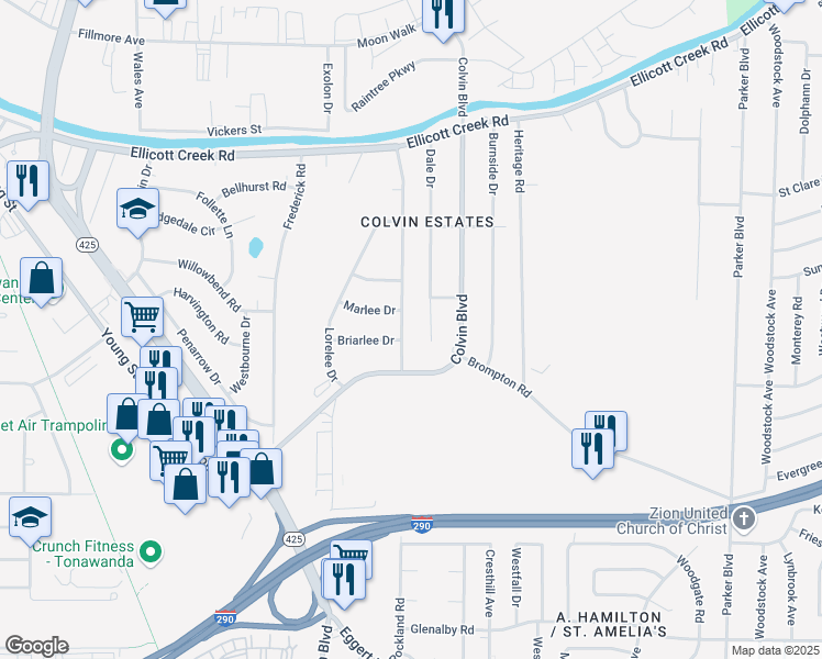 map of restaurants, bars, coffee shops, grocery stores, and more near 39 Greenfield Dr in Tonawanda