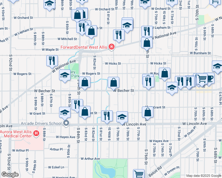 map of restaurants, bars, coffee shops, grocery stores, and more near 7930 West Becher Street in West Allis