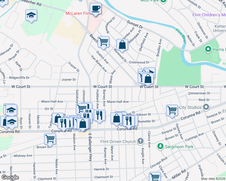 map of restaurants, bars, coffee shops, grocery stores, and more near 911 Mann Avenue in Flint
