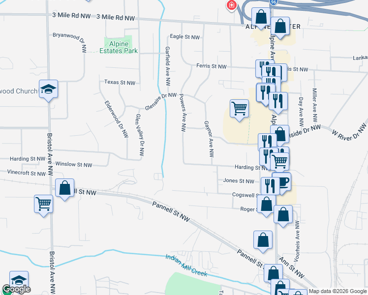 map of restaurants, bars, coffee shops, grocery stores, and more near 2336 Powers Avenue Northwest in Walker