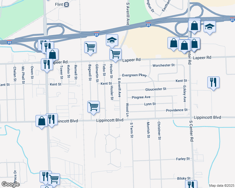 map of restaurants, bars, coffee shops, grocery stores, and more near 1934 South Averill Avenue in Flint