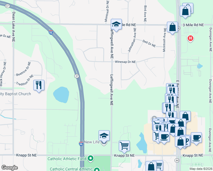 map of restaurants, bars, coffee shops, grocery stores, and more near 2432 Leffingwell Avenue Northeast in Grand Rapids