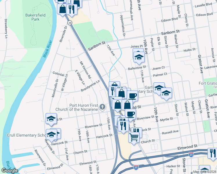map of restaurants, bars, coffee shops, grocery stores, and more near 2930 Pine Grove Avenue in Port Huron