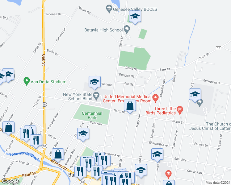 map of restaurants, bars, coffee shops, grocery stores, and more near 5 Norris Avenue in Batavia