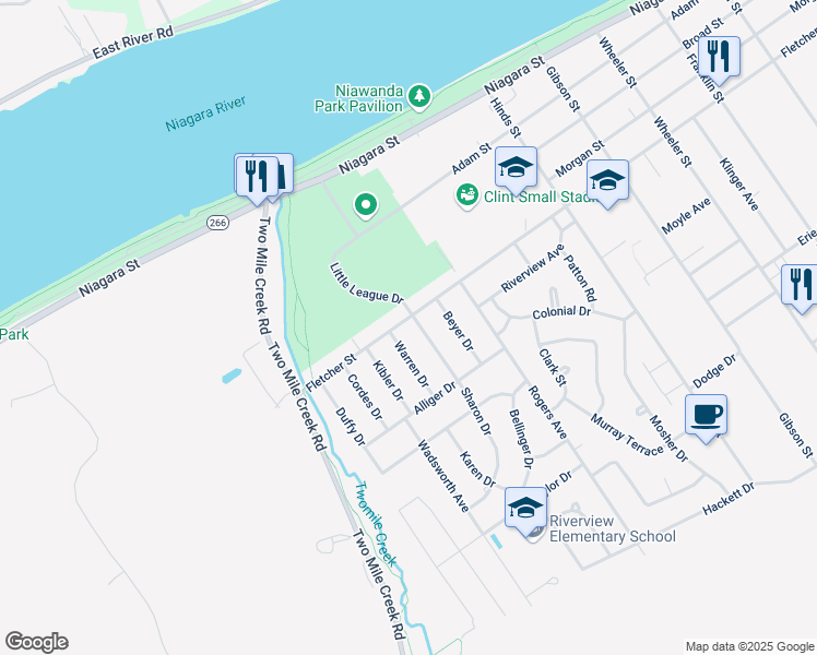 map of restaurants, bars, coffee shops, grocery stores, and more near 717 Fletcher Street in Tonawanda