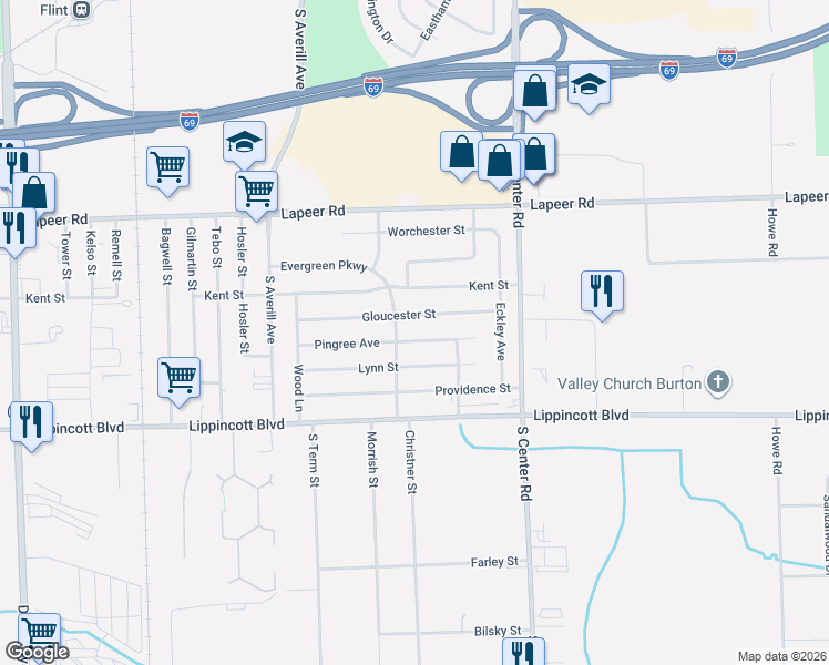 map of restaurants, bars, coffee shops, grocery stores, and more near 3713 Evergreen Parkway in Flint