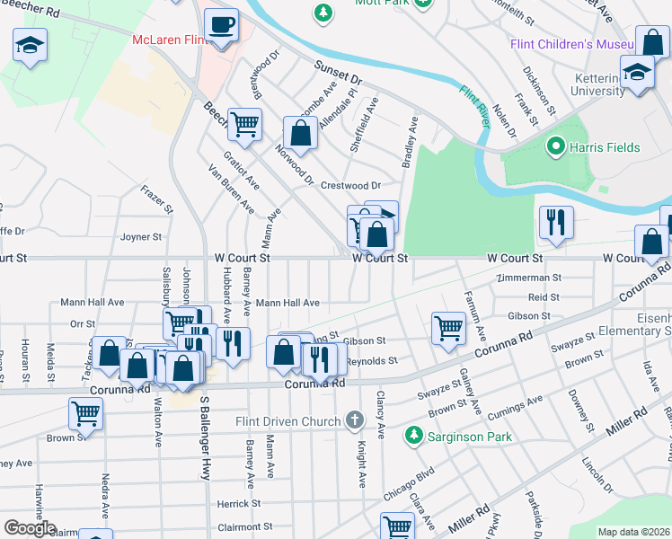map of restaurants, bars, coffee shops, grocery stores, and more near in Flint