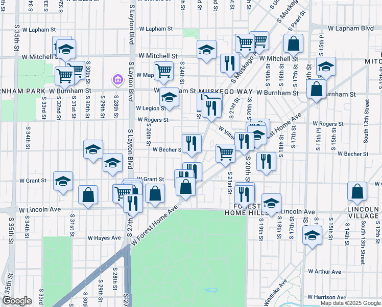 map of restaurants, bars, coffee shops, grocery stores, and more near 2104 South 24th Street in Milwaukee