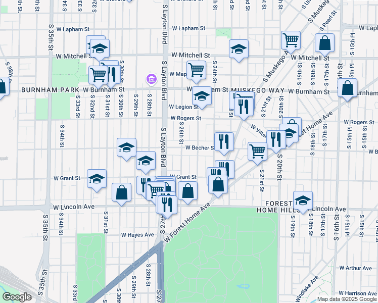 map of restaurants, bars, coffee shops, grocery stores, and more near 2537 West Becher Street in Milwaukee