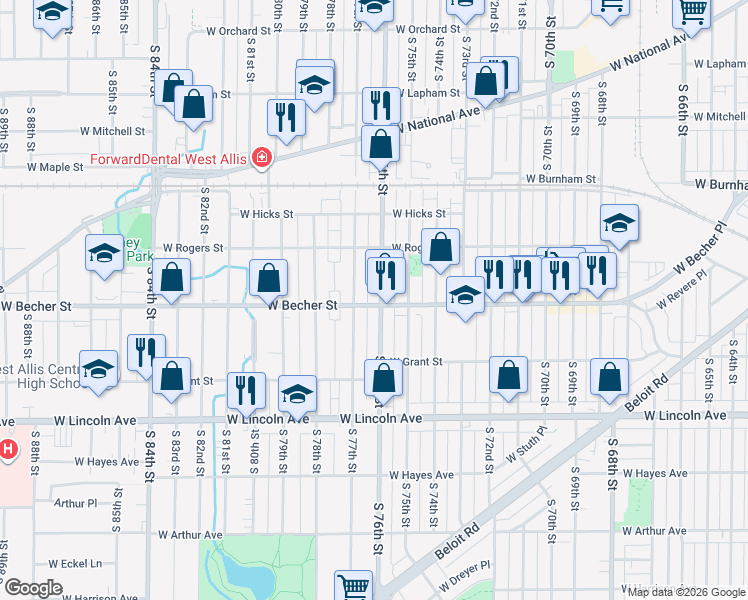 map of restaurants, bars, coffee shops, grocery stores, and more near 2076 South 77th Street in West Allis