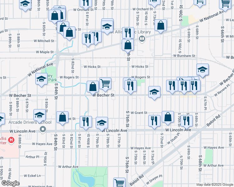 map of restaurants, bars, coffee shops, grocery stores, and more near in West Allis