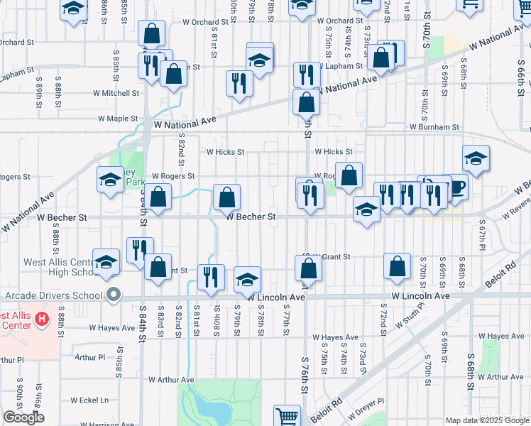 map of restaurants, bars, coffee shops, grocery stores, and more near in West Allis