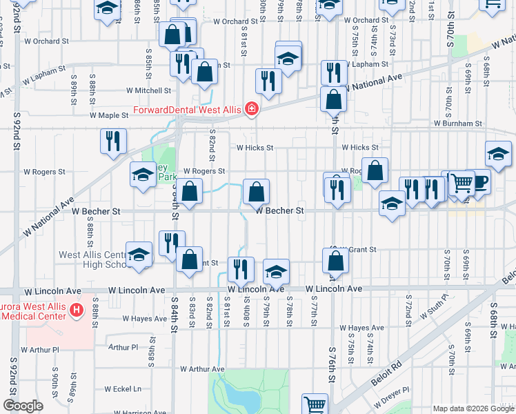 map of restaurants, bars, coffee shops, grocery stores, and more near 7930 West Becher Street in West Allis