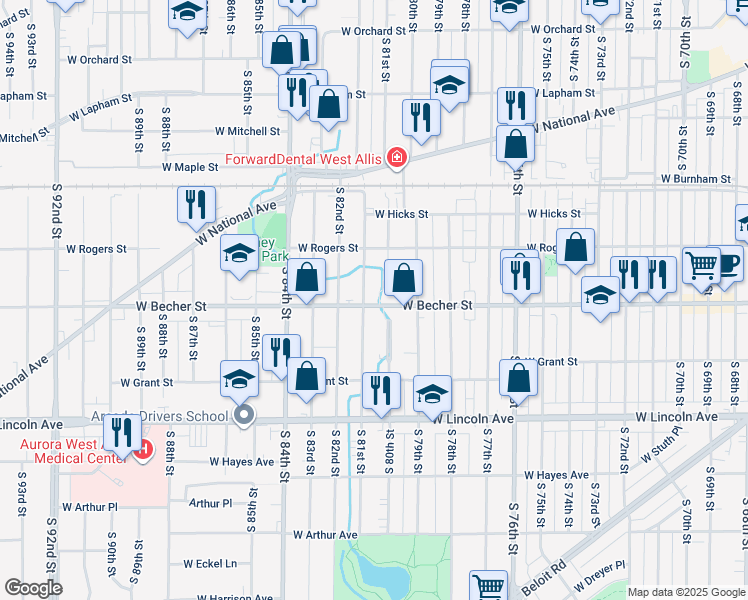 map of restaurants, bars, coffee shops, grocery stores, and more near 2077 South 81st Street in West Allis