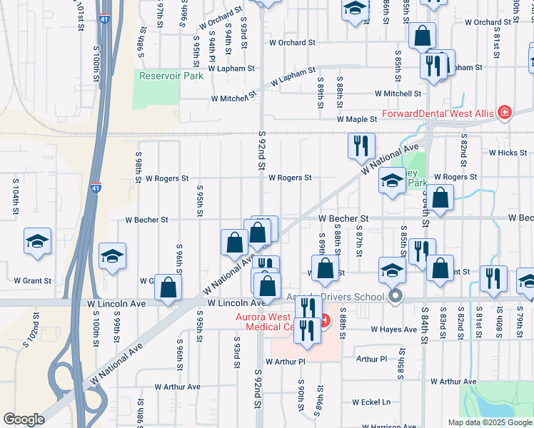 map of restaurants, bars, coffee shops, grocery stores, and more near 2073 South 92nd Street in West Allis