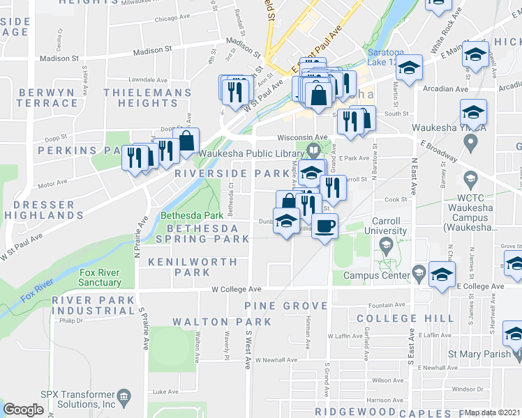 map of restaurants, bars, coffee shops, grocery stores, and more near 315 North West Avenue in Waukesha