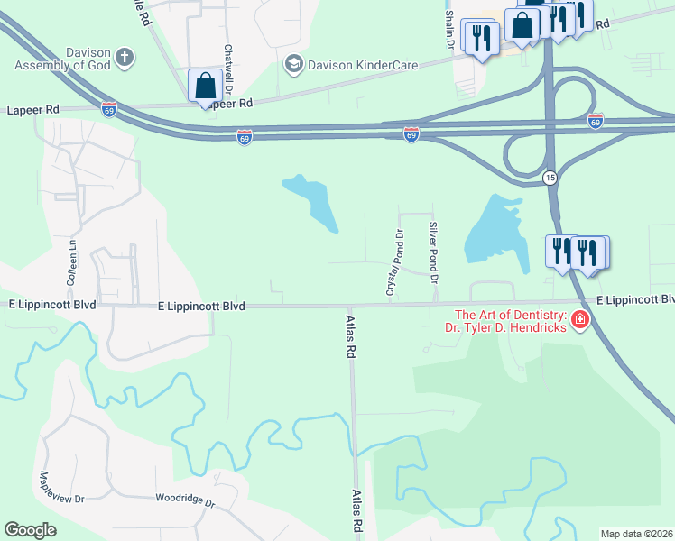 map of restaurants, bars, coffee shops, grocery stores, and more near 9250 Meadowview Drive in Davison