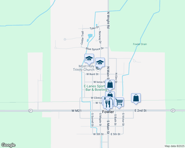 map of restaurants, bars, coffee shops, grocery stores, and more near 11214 West Kent Street in Fowler