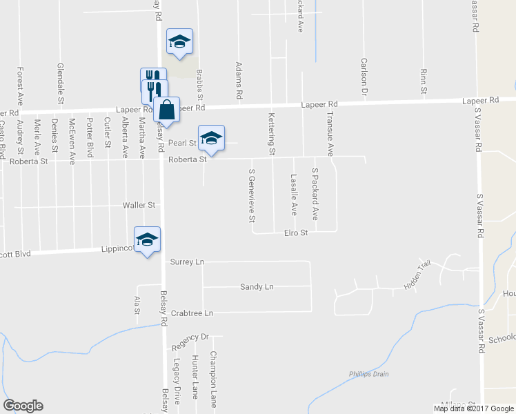 map of restaurants, bars, coffee shops, grocery stores, and more near 1461 South Genevieve Street in Burton