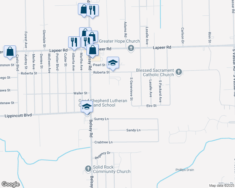 map of restaurants, bars, coffee shops, grocery stores, and more near 6080 Roberta Street in Burton