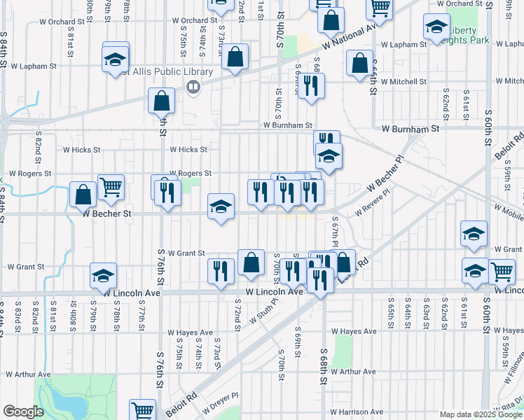 map of restaurants, bars, coffee shops, grocery stores, and more near 7102 West Becher Street in West Allis