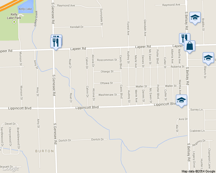 map of restaurants, bars, coffee shops, grocery stores, and more near 5216 Ottawa Street in Burton