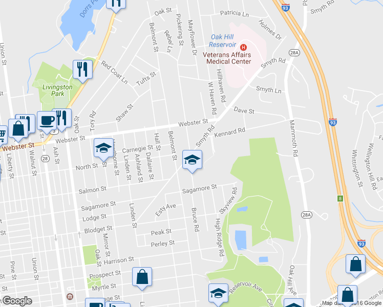map of restaurants, bars, coffee shops, grocery stores, and more near 335 Smyth Rd in Manchester