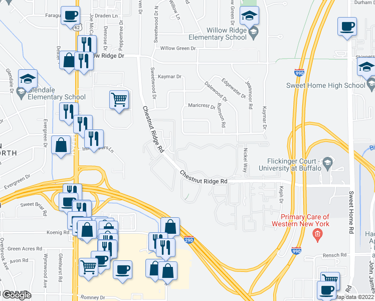 map of restaurants, bars, coffee shops, grocery stores, and more near 2920 Deer Lakes Drive in Buffalo