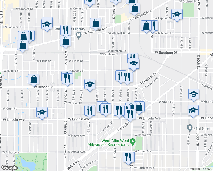map of restaurants, bars, coffee shops, grocery stores, and more near 2076 South 71st Street in West Allis