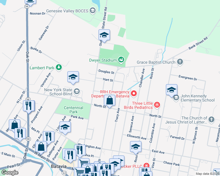 map of restaurants, bars, coffee shops, grocery stores, and more near 231 Bank Street in Batavia
