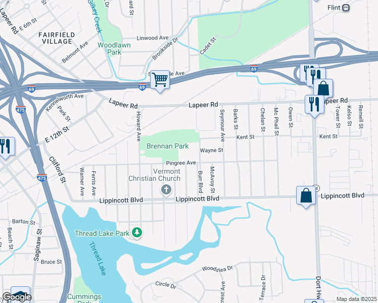 map of restaurants, bars, coffee shops, grocery stores, and more near 1950 Burr Boulevard in Flint