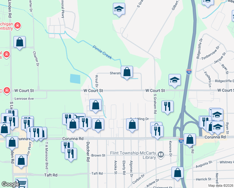 map of restaurants, bars, coffee shops, grocery stores, and more near 4147 West Court Street in Flint